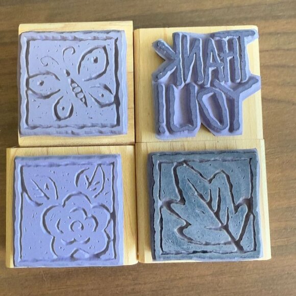 Set Of 4 Stampin’ Up! Thank You Blocks Rubber Stamps With Butterfly Leaf & Flora - Picture 4 of 7